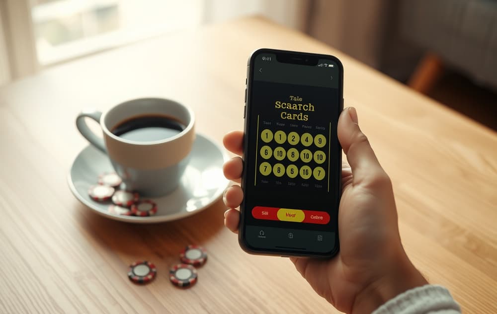 Hånd som holder en smarttelefon med digitalt skrapelodd på skjermen, ved siden av kaffekopp og kasinosjetonger