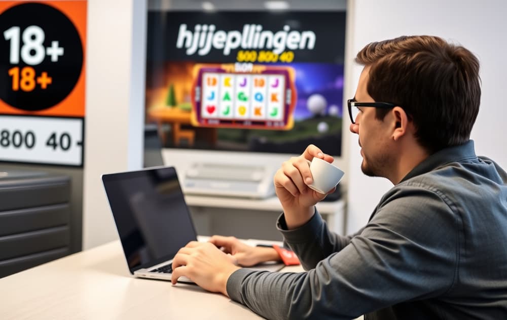 En person foran en laptop med spilleautomater på skjermen, kaffekopp i hånden, og 18+ og Hjelpelinjen-tekst synlig i bakgrunnen.
